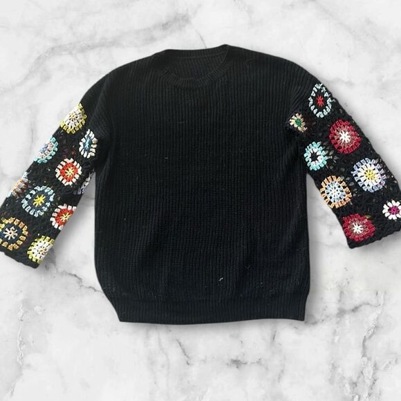 SHEIN Colorful Crochet Sleeve Black Sweater - Picture 8 of 8